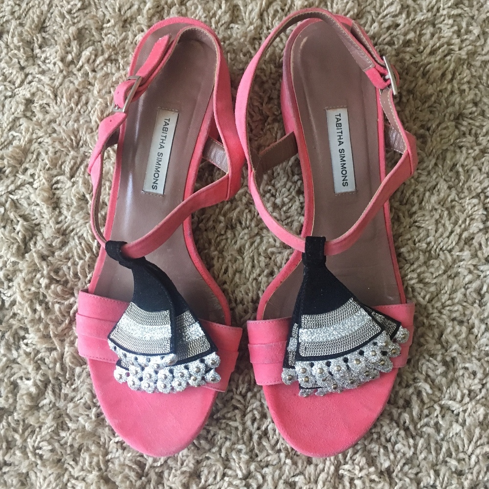 TABITHA SIMMONS: Pink Embellished Suede Sandals